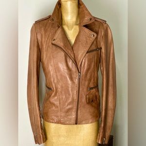 NAF NAF Paris 100% Leather Moto Jacket in Caramel, Size 12 US/42 EU